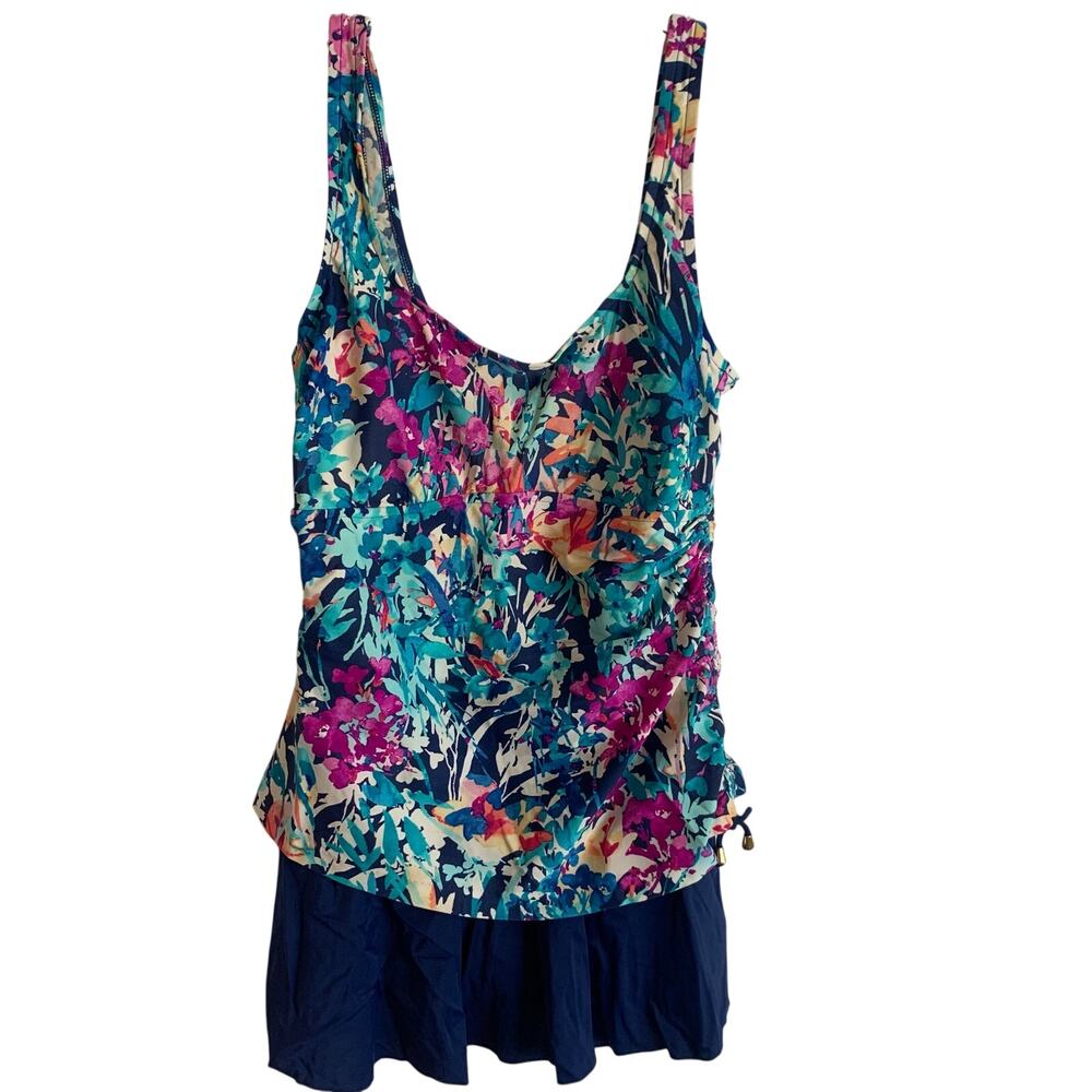 Azul Womens 16 Swimdress Navy Skirt Cinch Tie Bra Floral Tropical Bright Colors